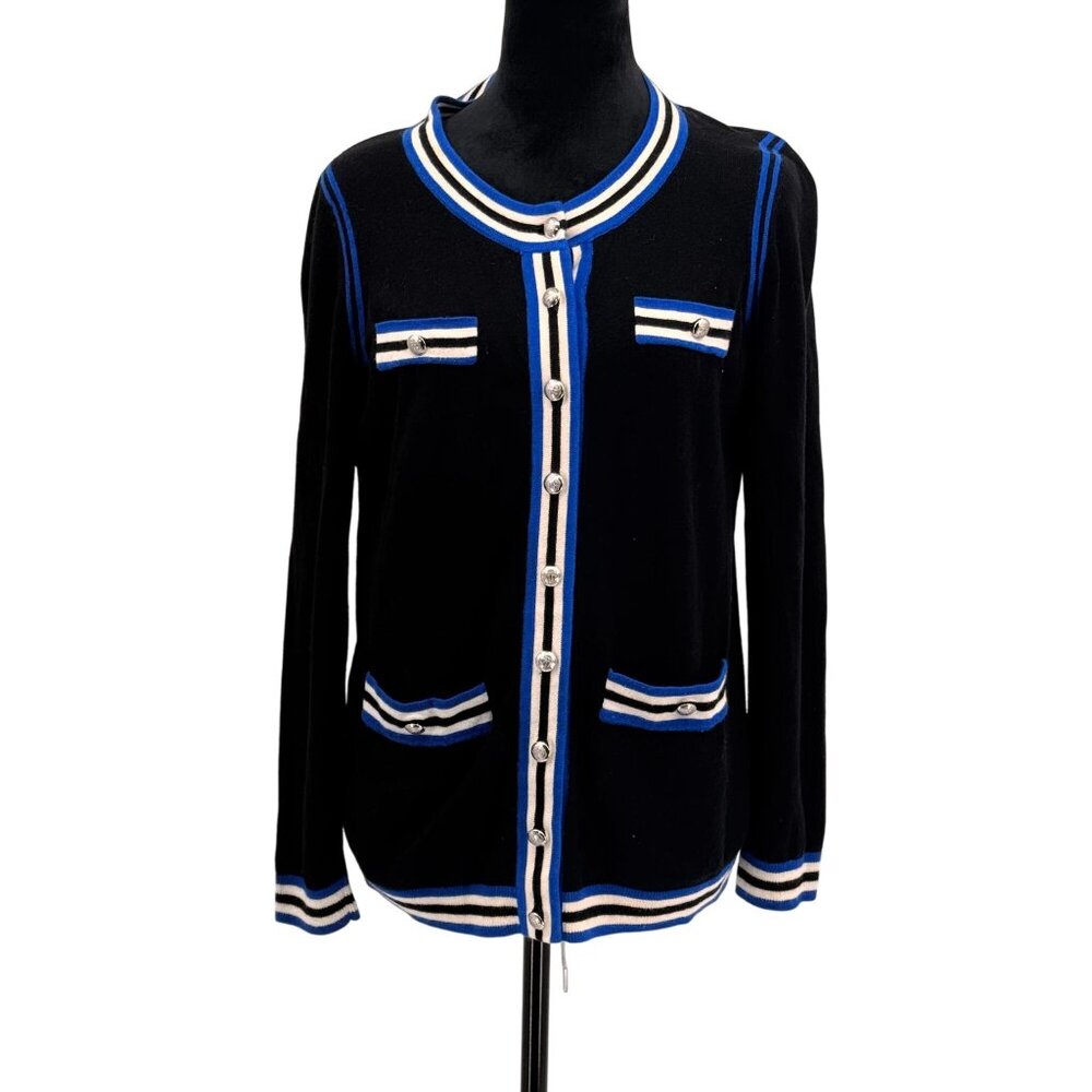 Talbots‎ Womens M Black Cardigan Sweater Striped Buttons Preppy Old Money